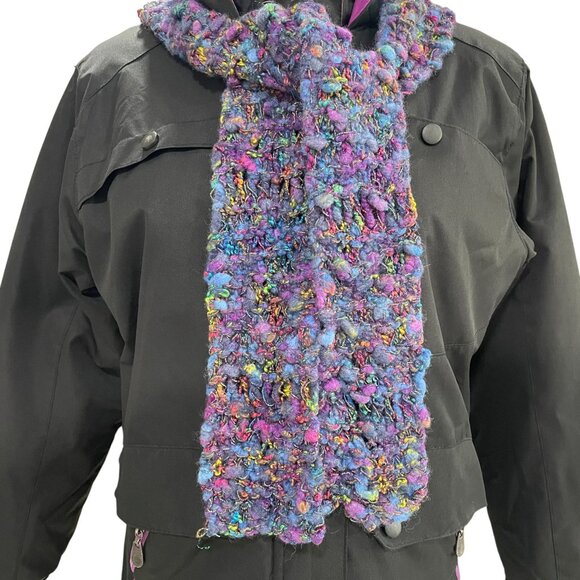 Handmade Chunky Knit Scarf Multicolor Metallic Purple 60x35 Cozy Festival Artsy - Picture 5 of 7